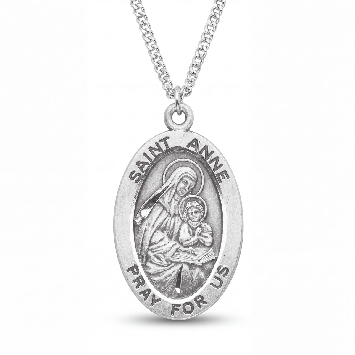 Oval Saint Anne Medal Pendant with Sterling Silver and Stainless Steel Chain