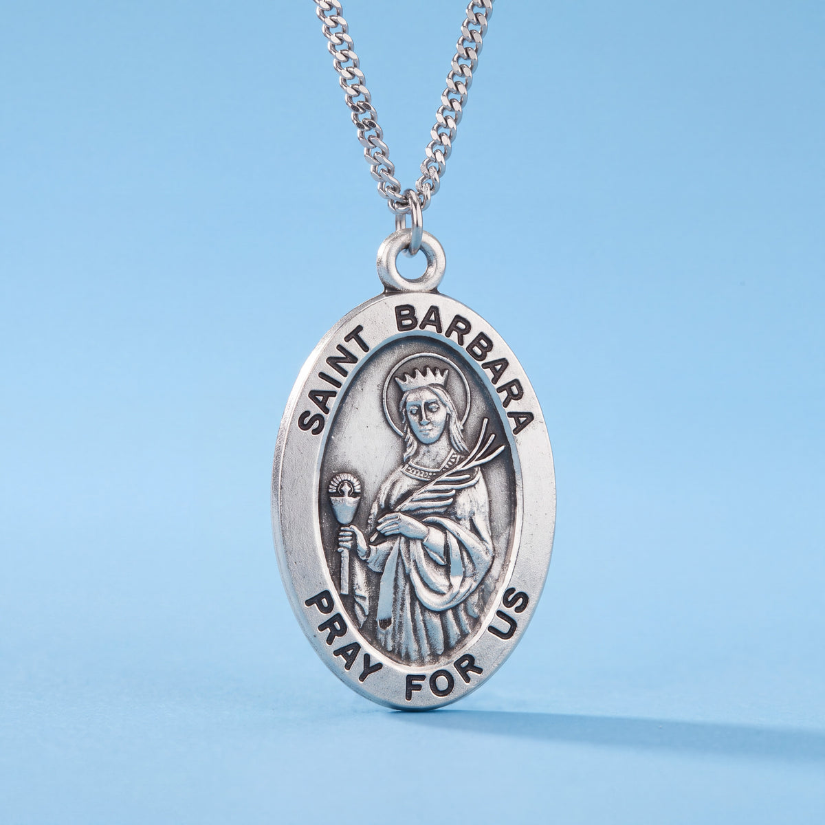 Sterling Silver Saint Barbara Oval Medal with 18 Inch Stainless Steel Chain