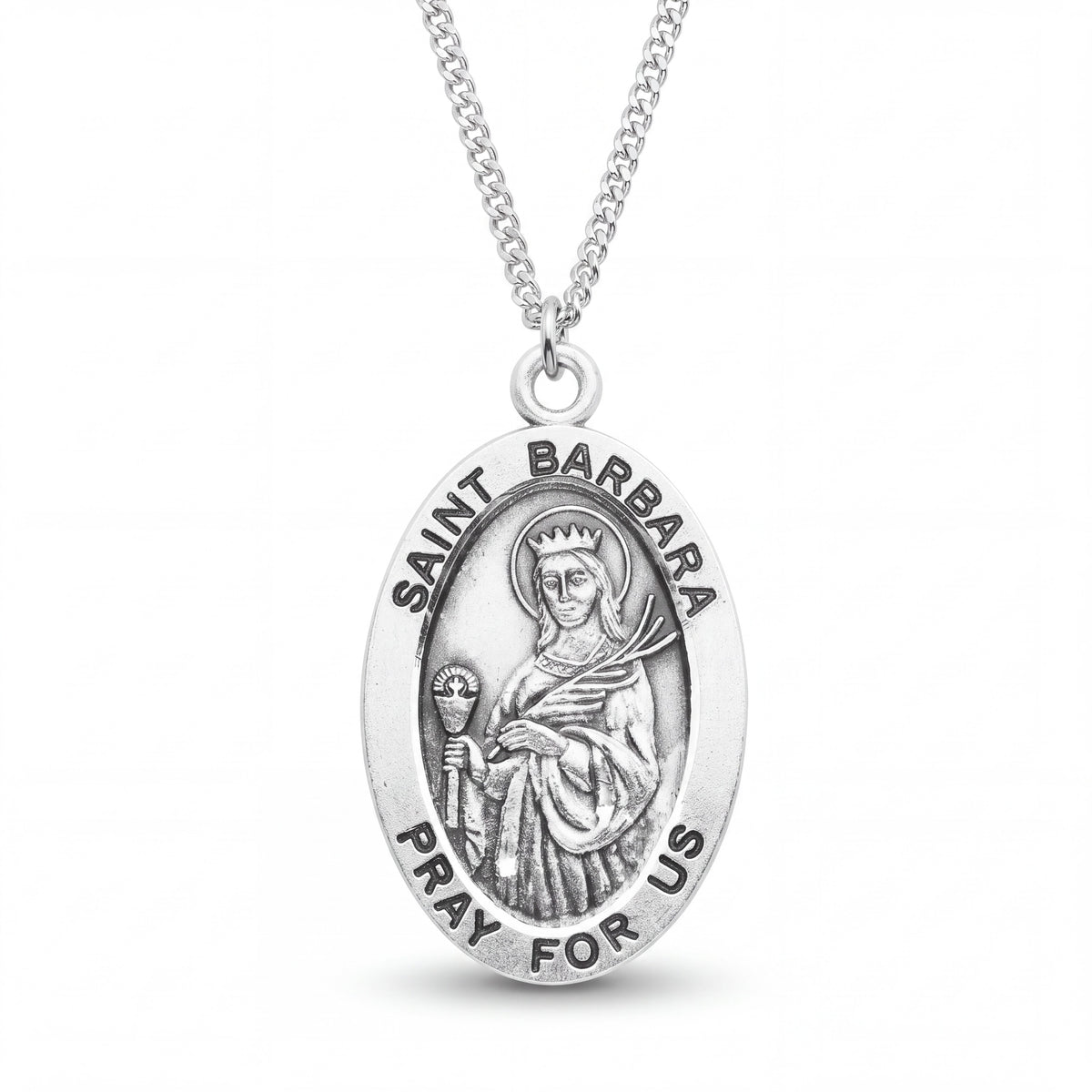 Sterling Silver Saint Barbara Oval Medal with 18 Inch Stainless Steel Chain