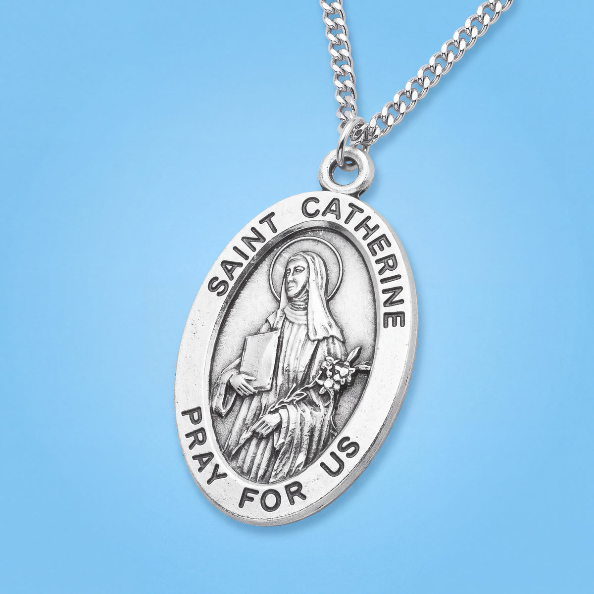 Oval Saint Catherine Medal Pendant with Sterling Silver and Stainless Steel Chain
