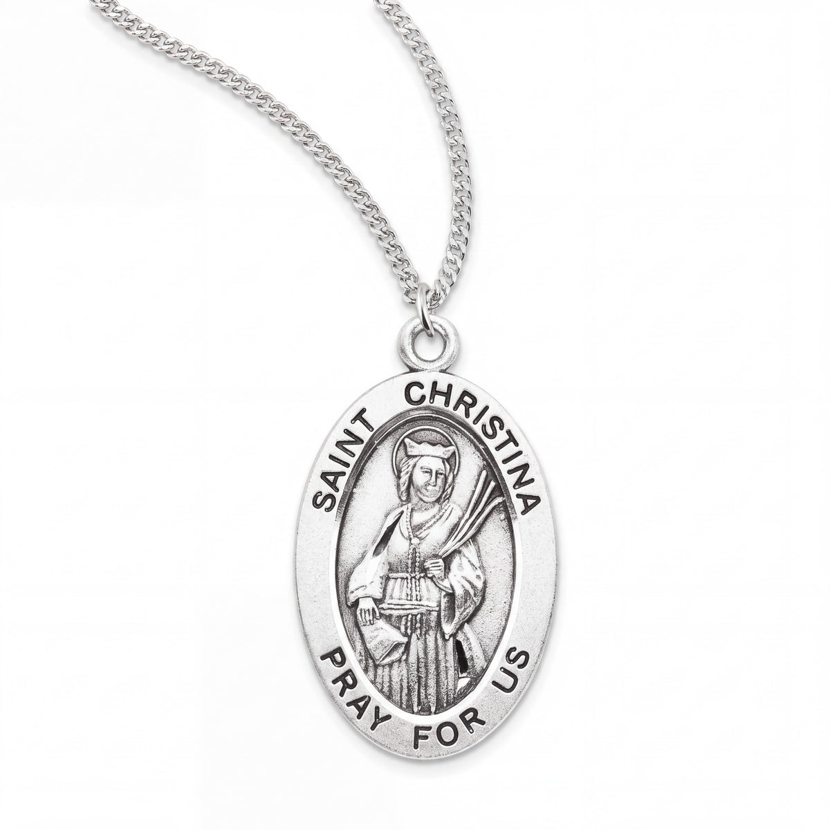 Sterling Silver Saint Christina Oval Medal Pendant with 18 Inch Stainless Steel Chain