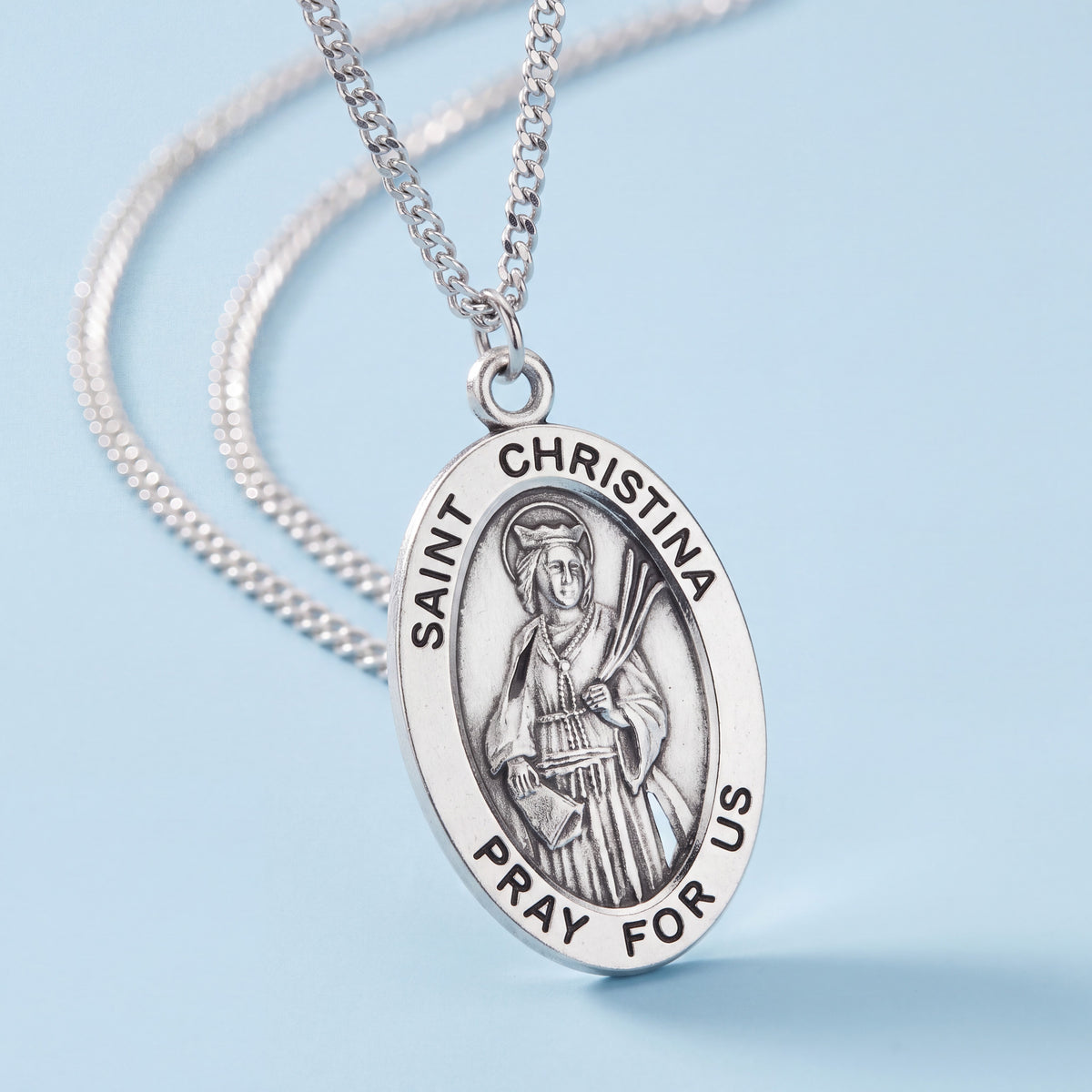 Sterling Silver Saint Christina Oval Medal Pendant with 18 Inch Stainless Steel Chain