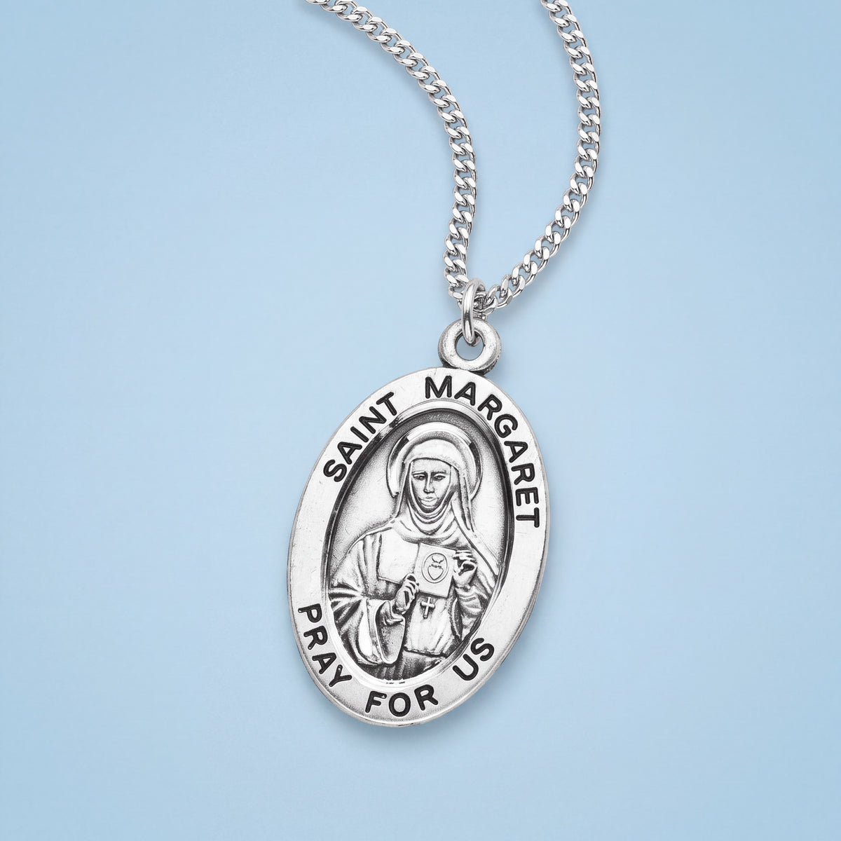 Saint Margaret Oval Medal Pendant with Sterling Silver and Stainless Steel Chain