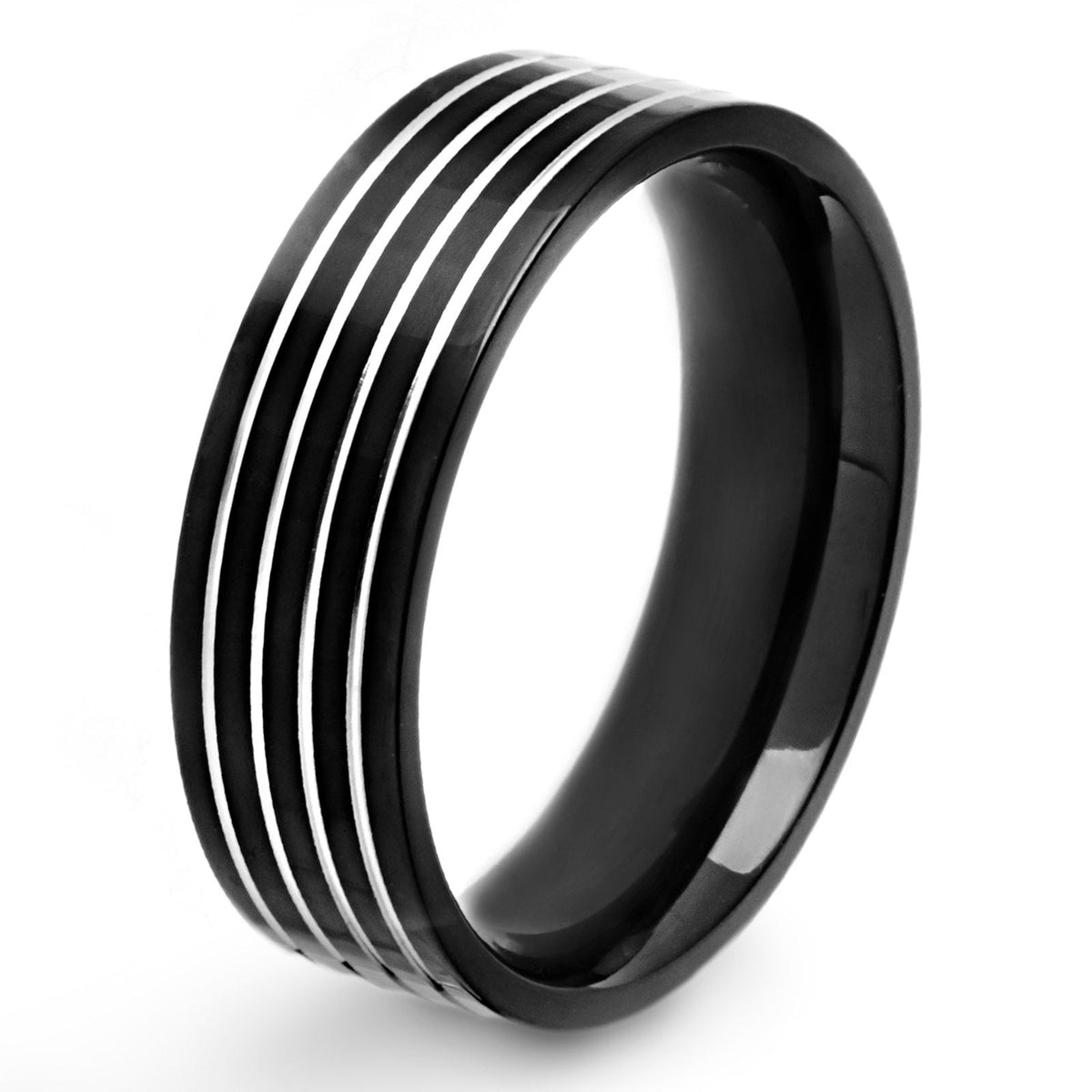 Stainless steel ring with black plated grooved stripes