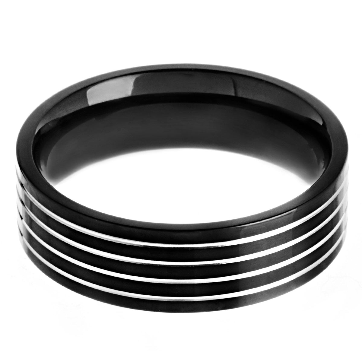 Stainless steel ring with black plated grooved stripes