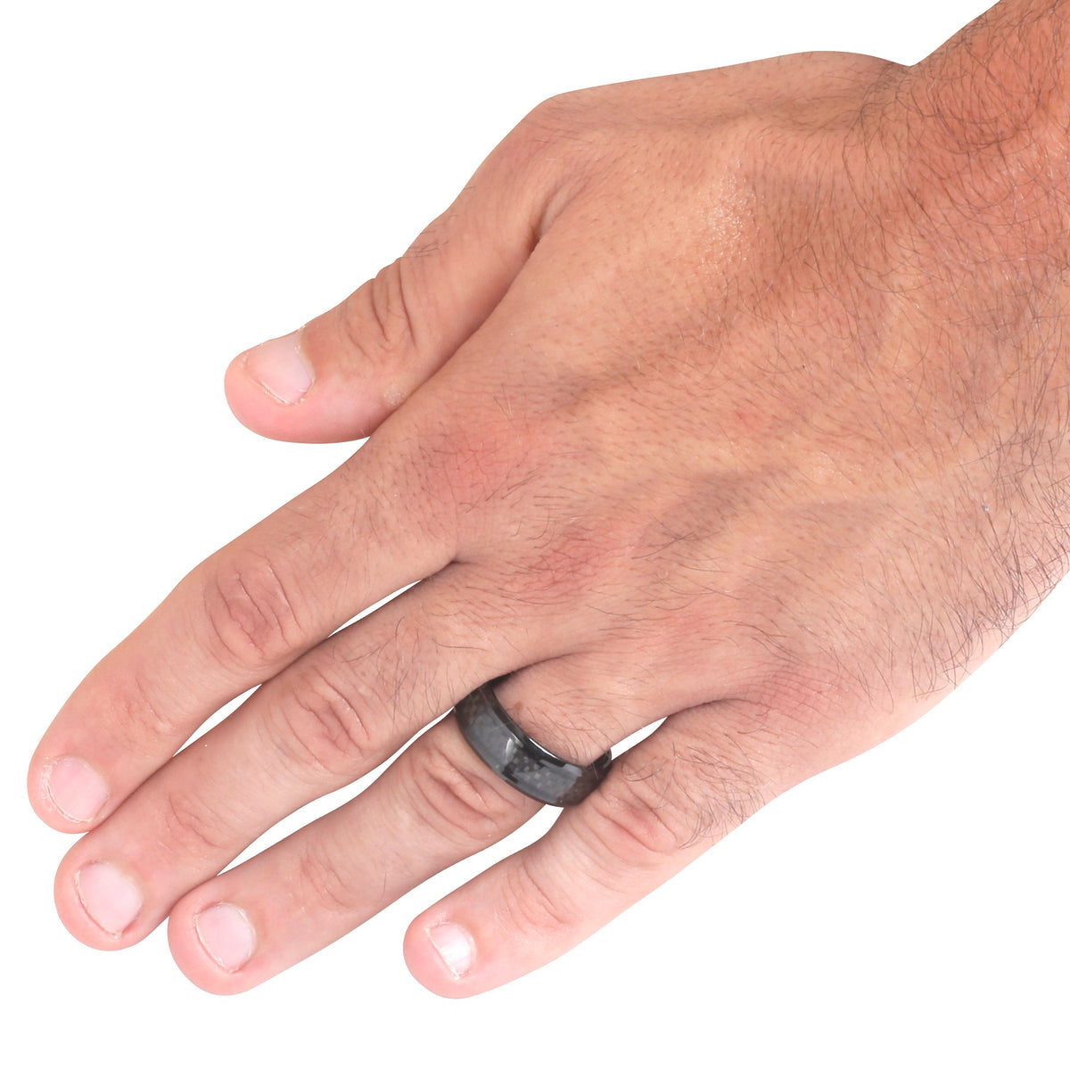 Black plated steel band ring with textured inlay