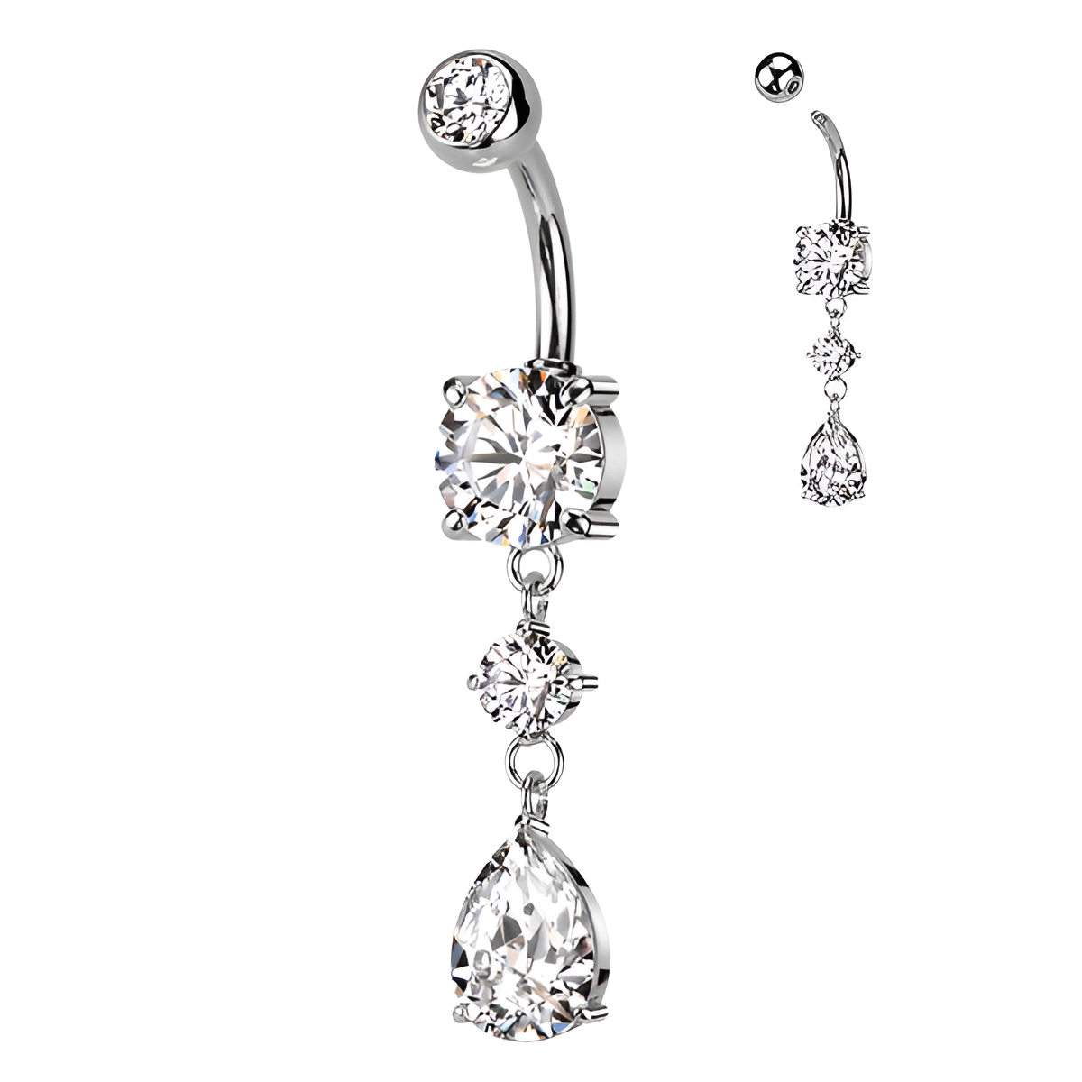 Cubic Zirconia Teardrop Belly Button Ring with Stainless Steel Barbell
