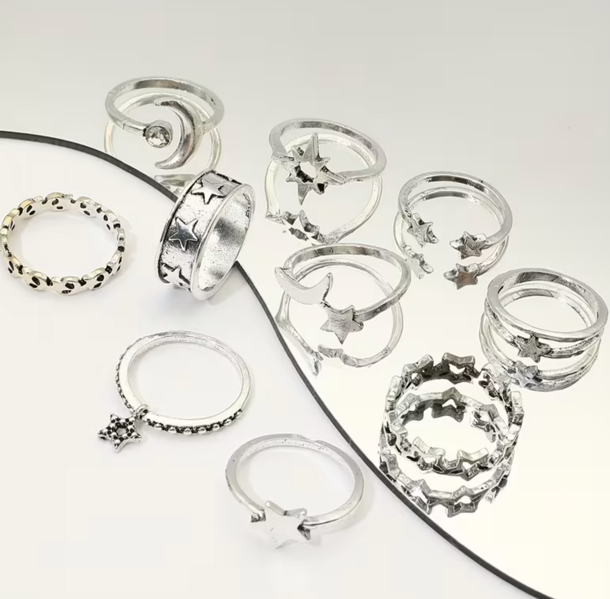 Metal Ring Set with Moon and Star Design, 10 Pieces