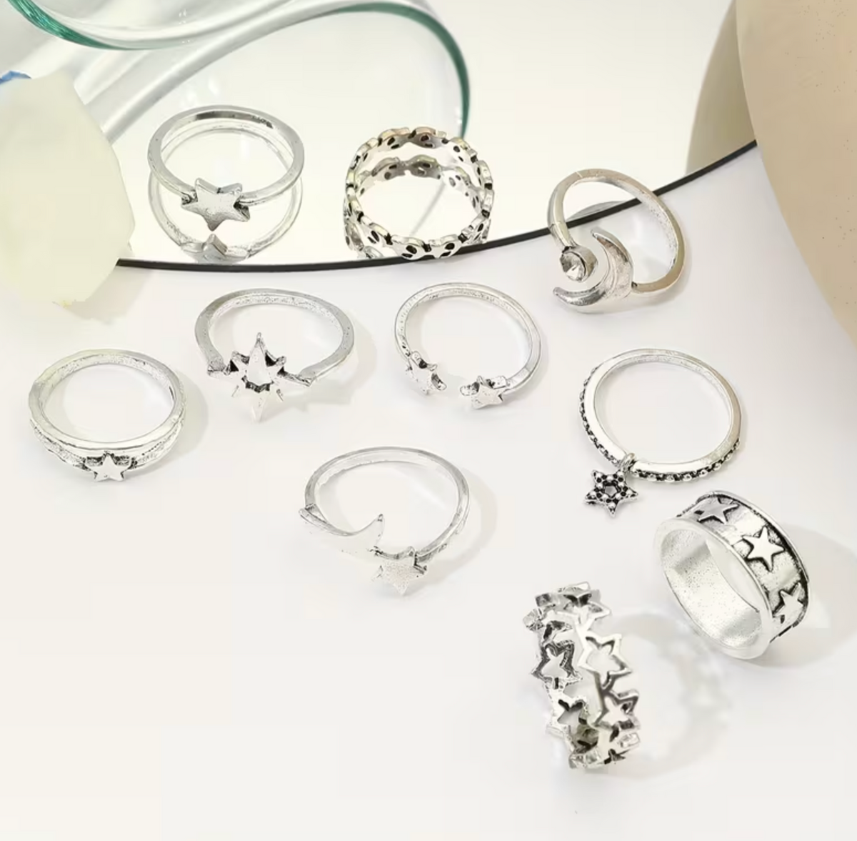 Metal Ring Set with Moon and Star Design, 10 Pieces