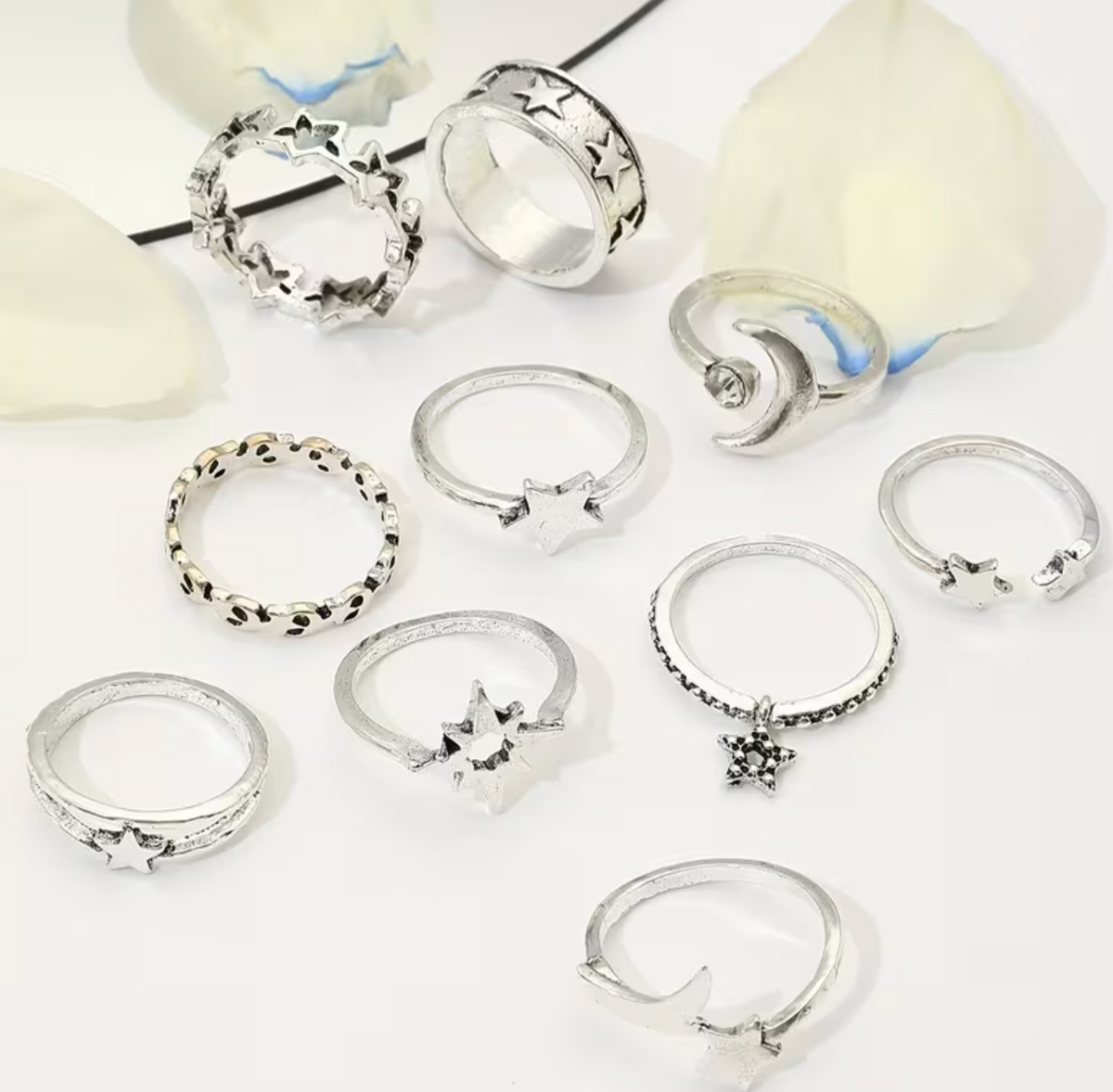 Metal Ring Set with Moon and Star Design, 10 Pieces