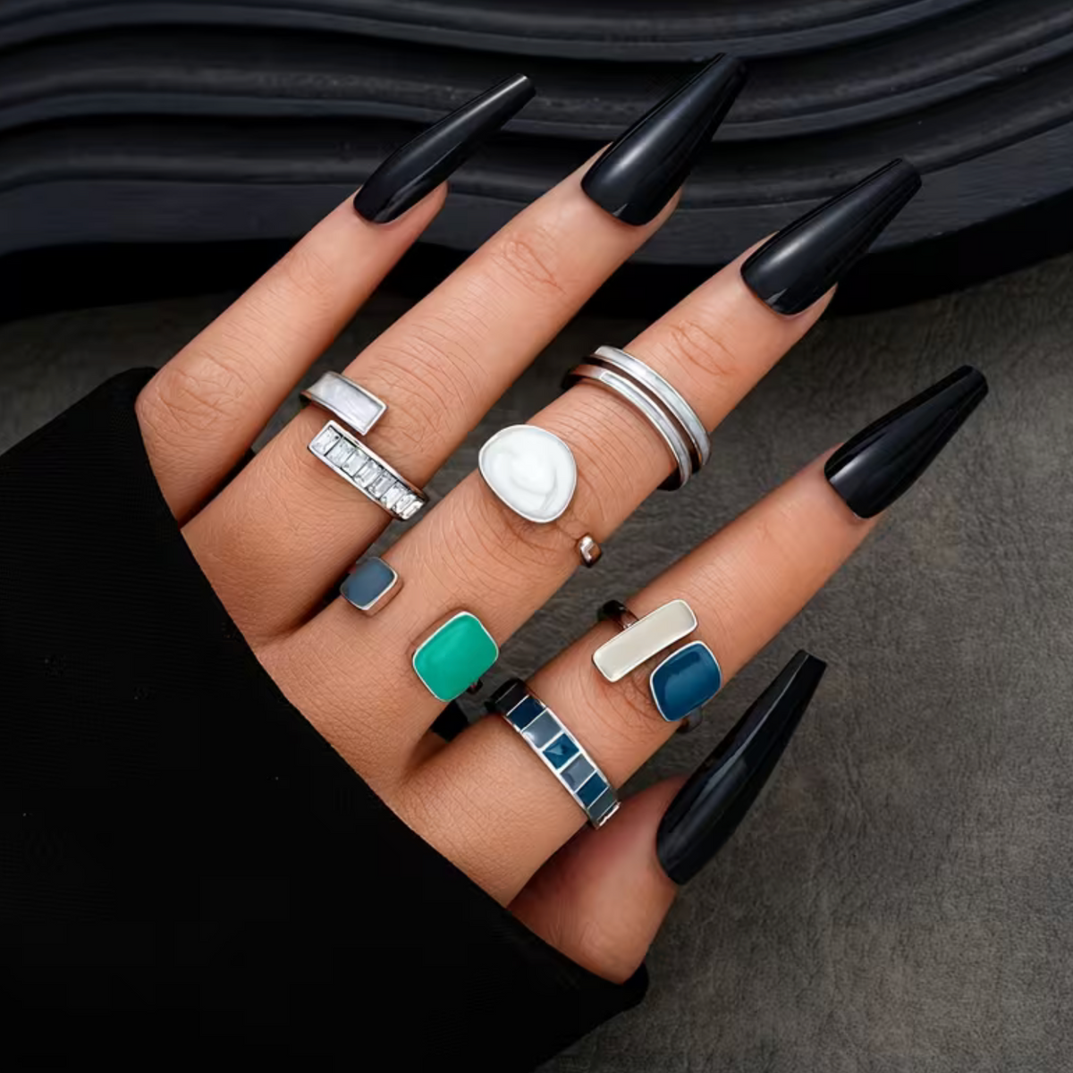 Adjustable Zirconia Rings Set of 6 with Open-End Design and Geometric Patterns