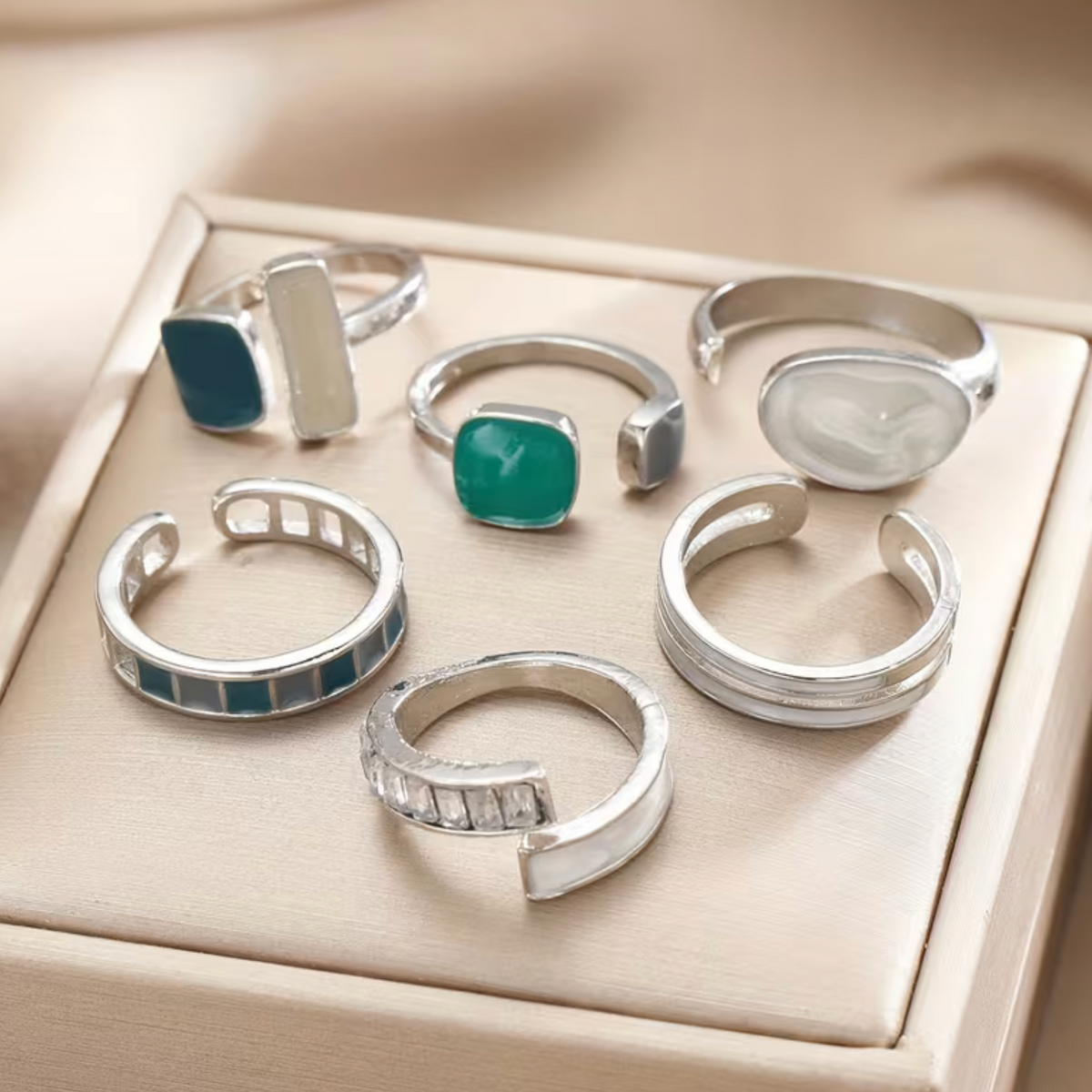 Adjustable Zirconia Rings Set of 6 with Open-End Design and Geometric Patterns