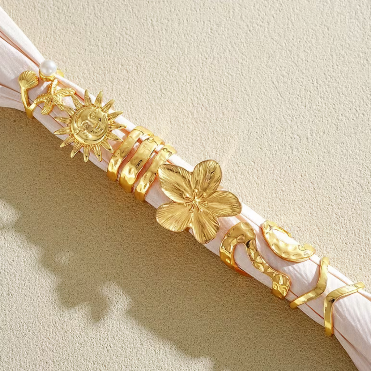 Women's Stackable Rings Set with Starfish and Sunflower Motifs, Golden Tone