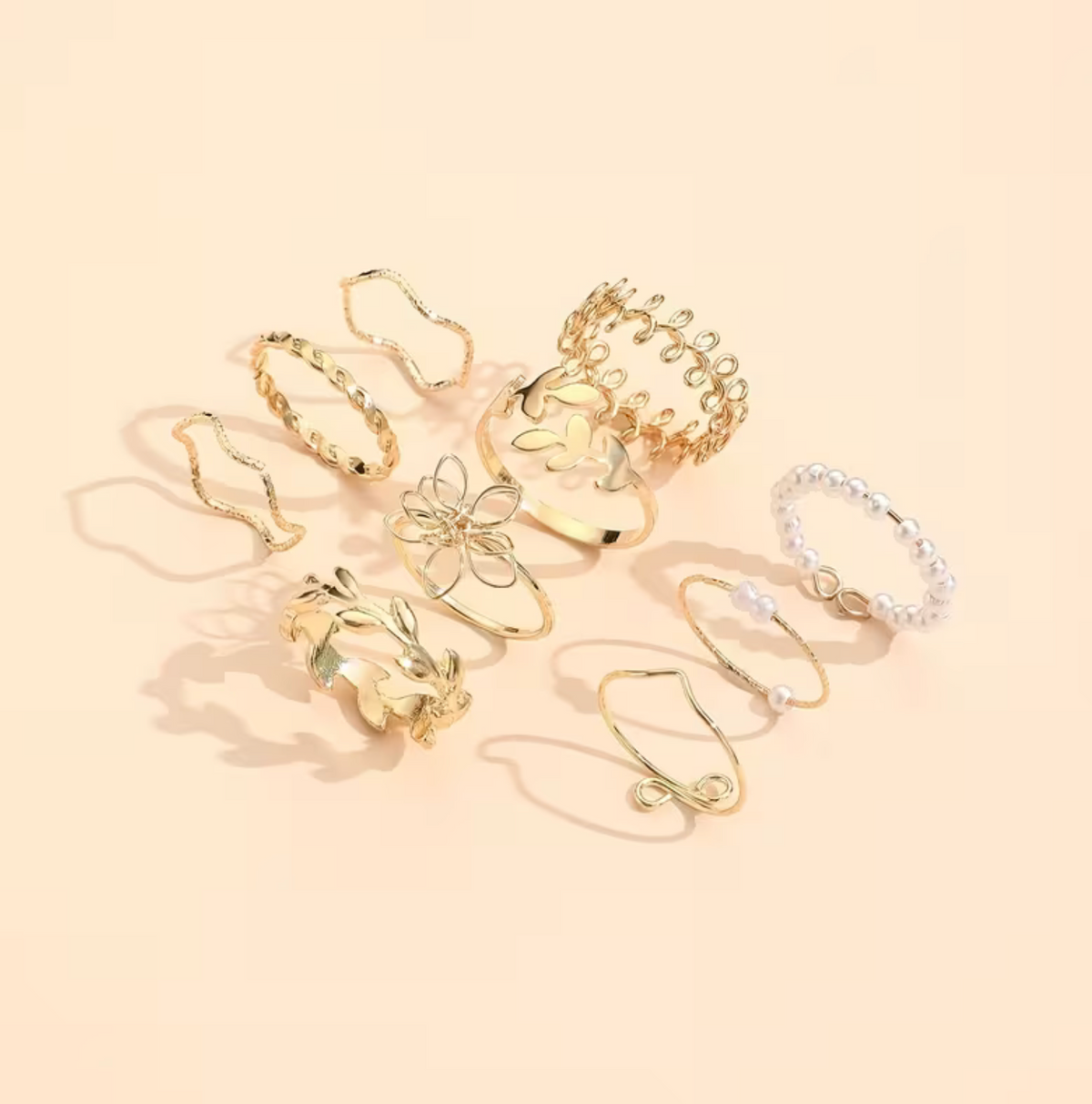 Leaf Design Ring Set with Zinc Alloy, 10-Piece Fashion Collection