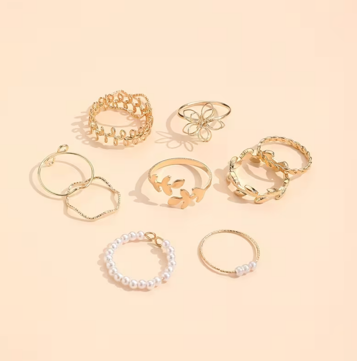 Leaf Design Ring Set with Zinc Alloy, 10-Piece Fashion Collection