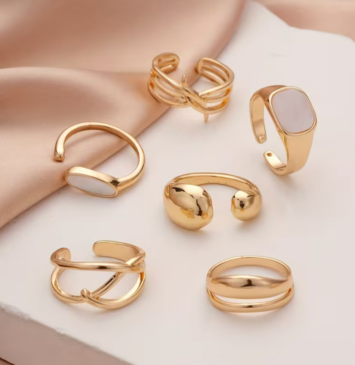 Adjustable Geometric Ring Set with Hollow Pattern Design, 6-Piece