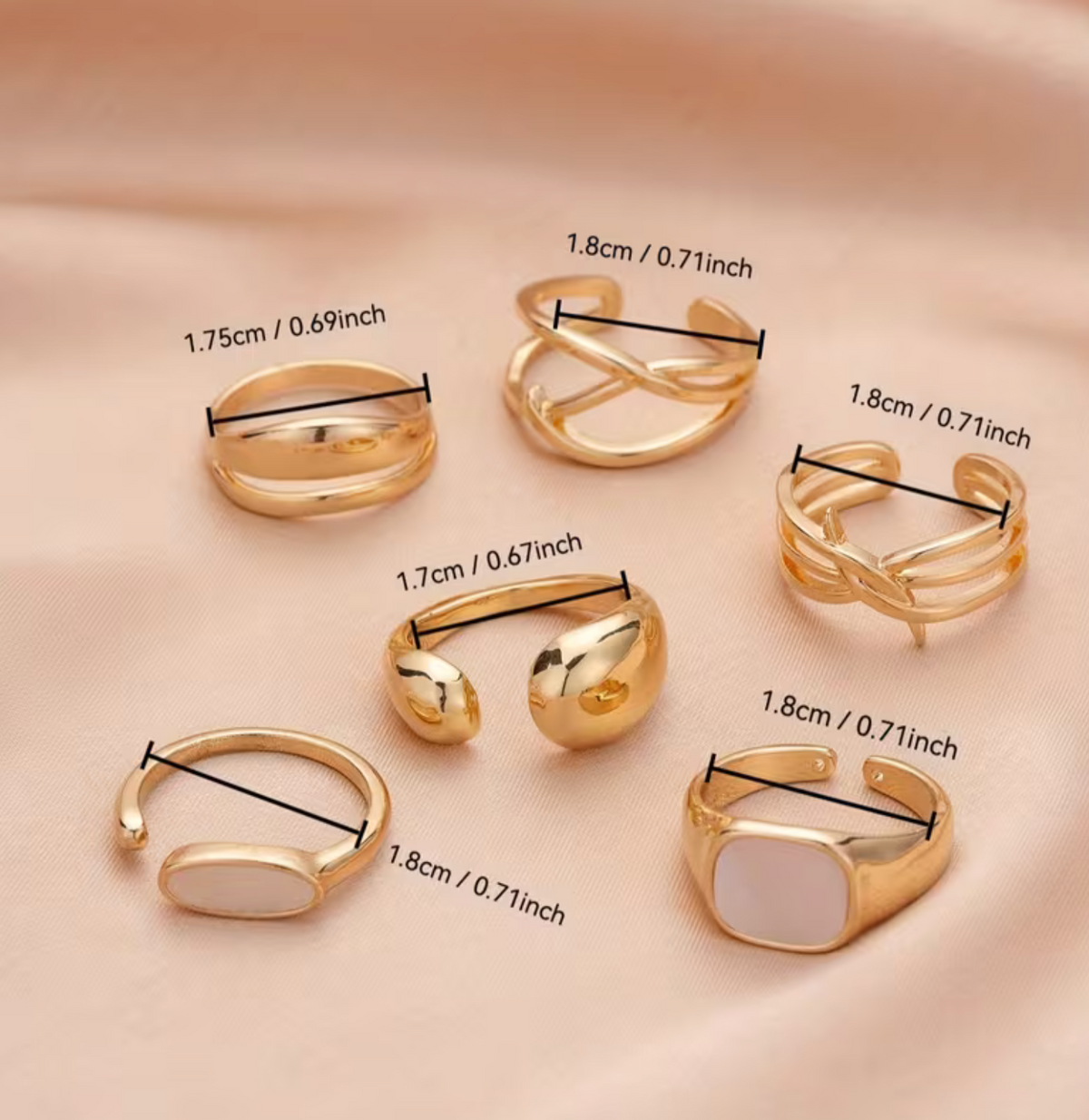 Adjustable Geometric Ring Set with Hollow Pattern Design, 6-Piece