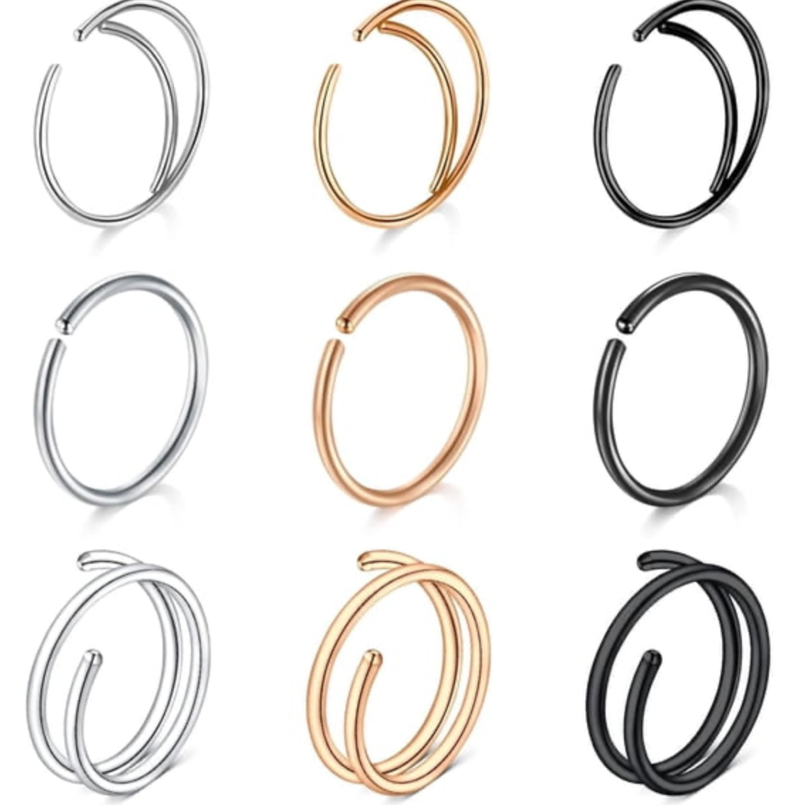 Steel Nose Hoops 20G with Multiple Sizes and Finishes, 9-Piece Set