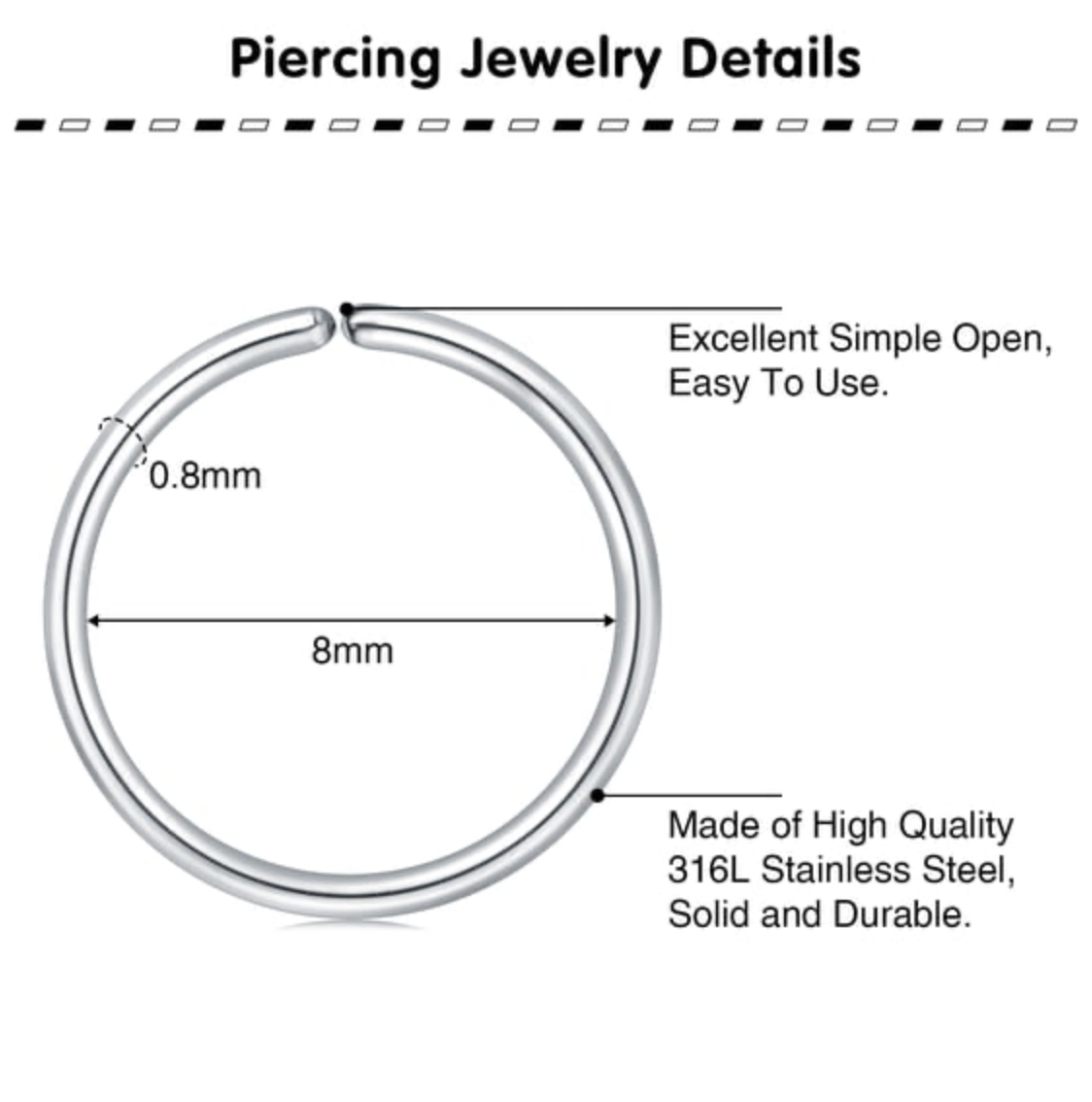 Steel Nose Hoops 20G with Multiple Sizes and Finishes, 9-Piece Set