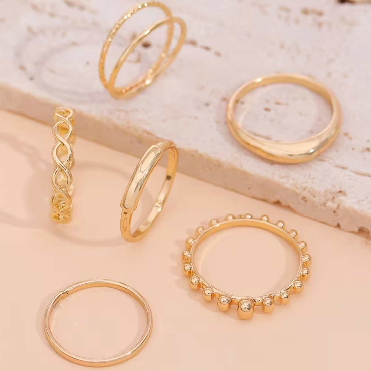 Twisted Double-Layer Ring Set with Stacking Design for Women, 6 Pieces