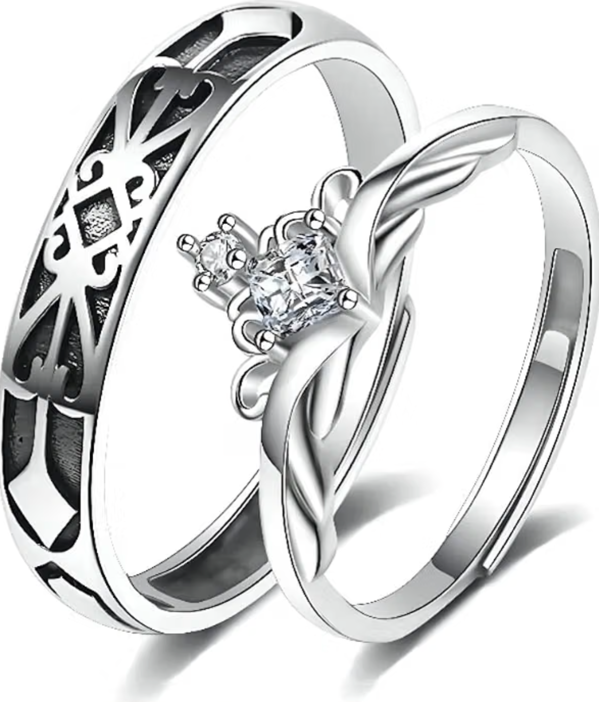 Adjustable Couple Rings with Opal Accents and Silver-Tone Plating, Mid Century Design
