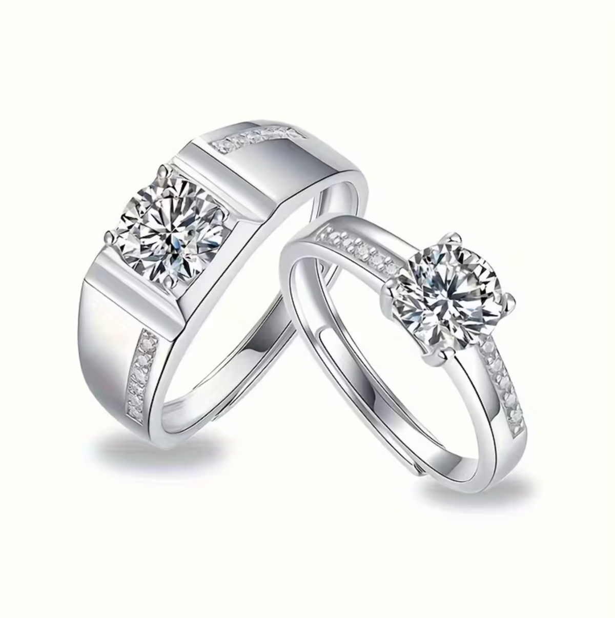 Adjustable Open Ring Set with Synthetic Zirconia Stones for Couples
