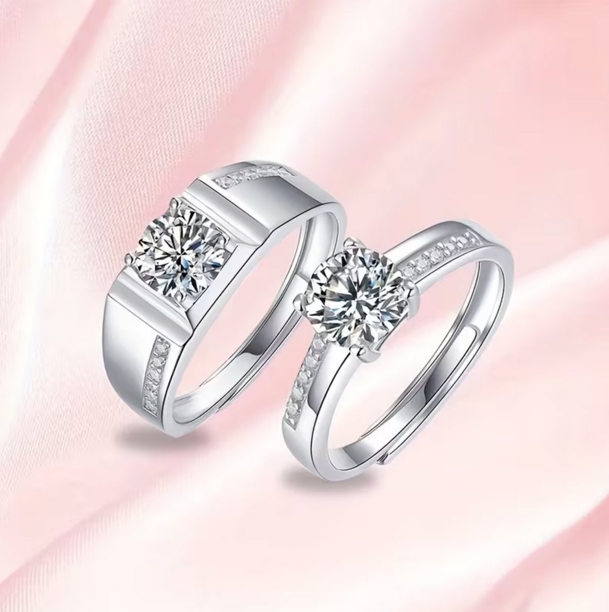 Adjustable Open Ring Set with Synthetic Zirconia Stones for Couples