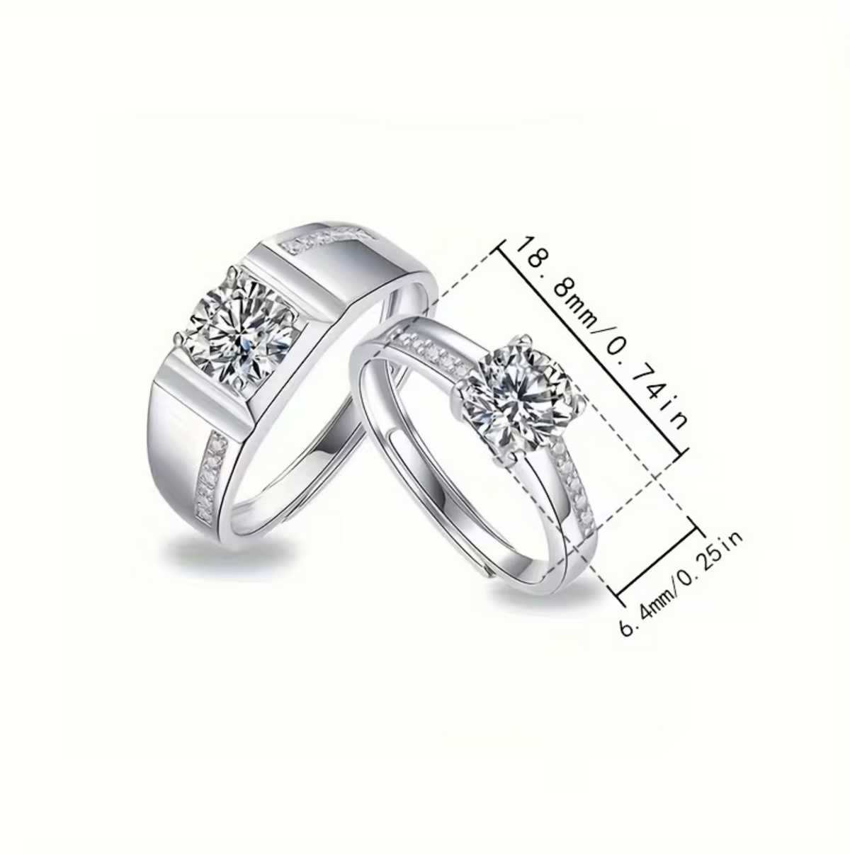 Adjustable Open Ring Set with Synthetic Zirconia Stones for Couples
