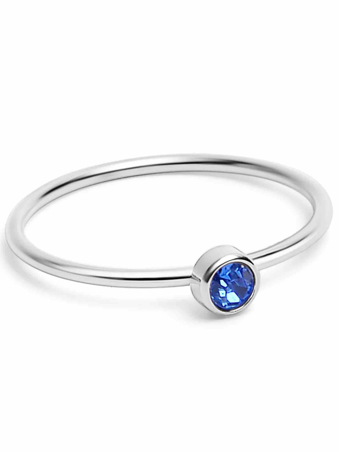 Blue Cubic Zirconia Stacking Ring with Thin Stainless Steel Band, Silver Minimalist