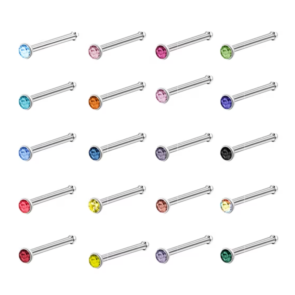 Cubic Zirconia Nose Studs with Multicolor Stones and Mixed Backings, 20-Piece Set