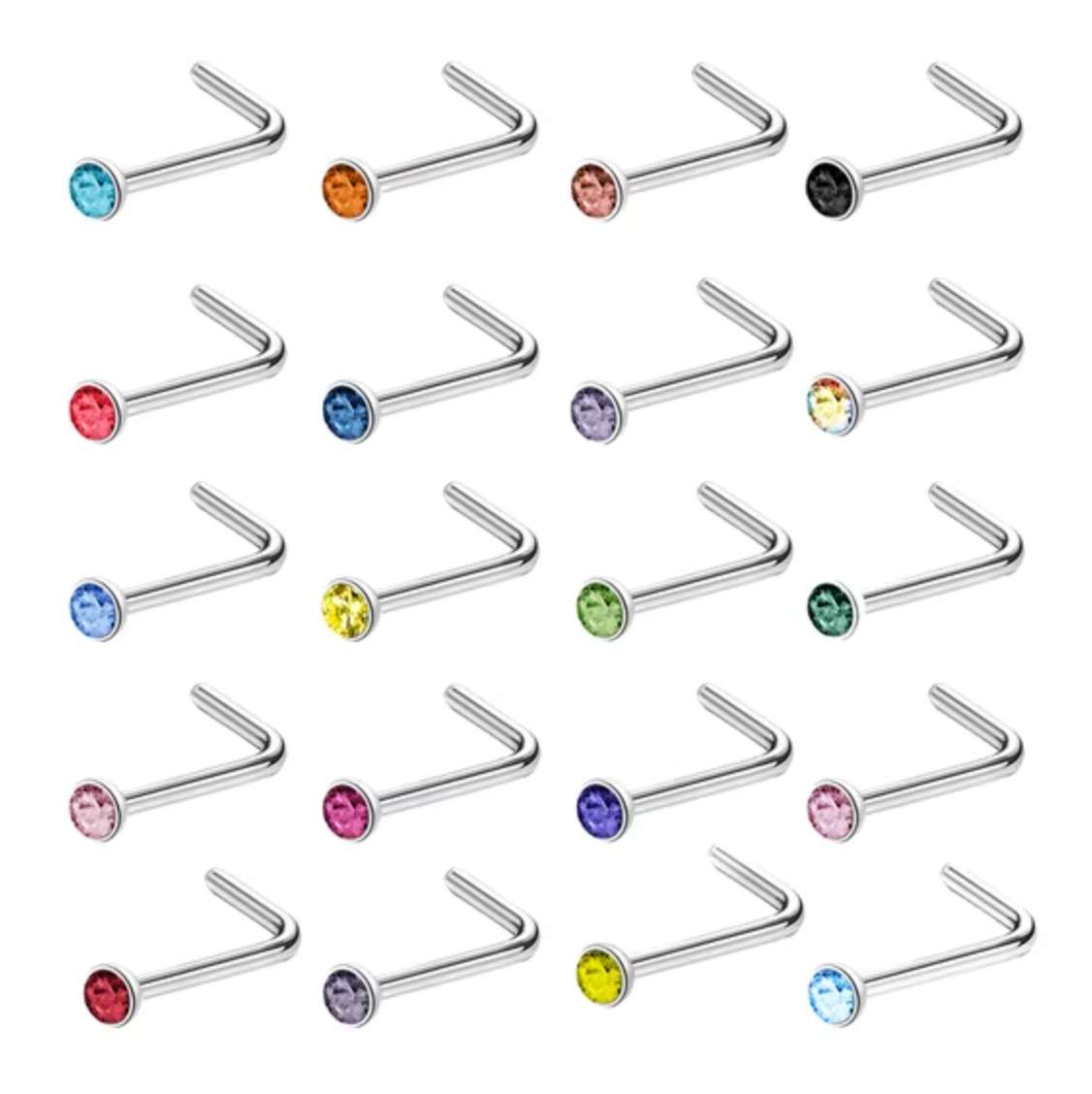 Cubic Zirconia Nose Studs with Multicolor Stones and Mixed Backings, 20-Piece Set