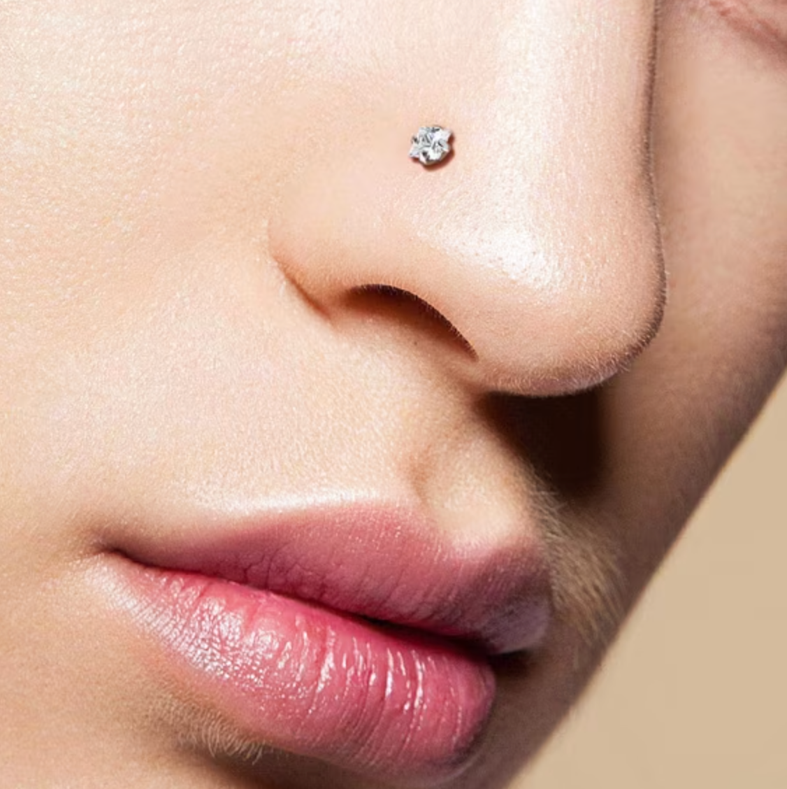 Square Cubic Zirconia L Bend Nose Stud with Titanium Prong Setting, Nickel-Free