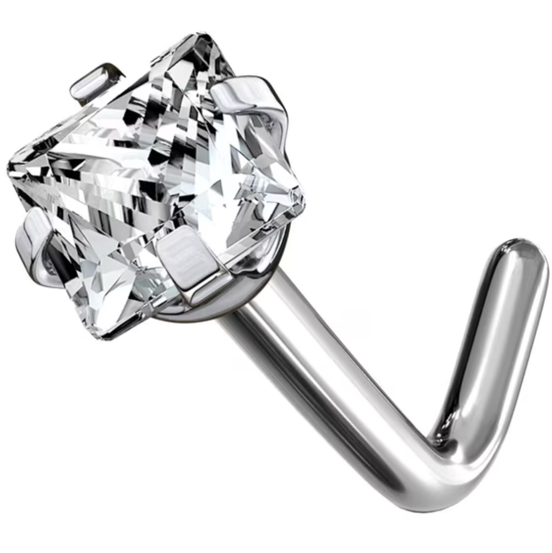 Square Cubic Zirconia L Bend Nose Stud with Titanium Prong Setting, Nickel-Free