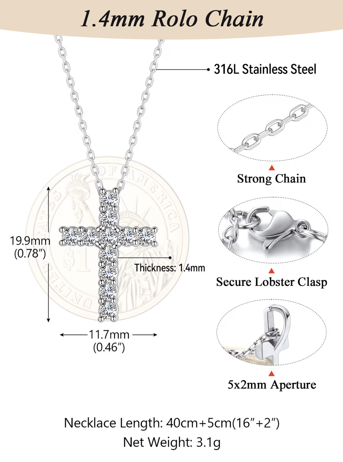 Stainless Steel Cross Pendant Necklace with Cubic Zirconia, Adjustable 16in Chain