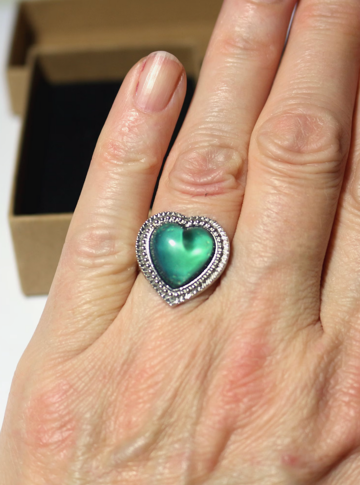 Temperature Sensitive Heart Ring with Color-Changing Face, Stainless Steel Band