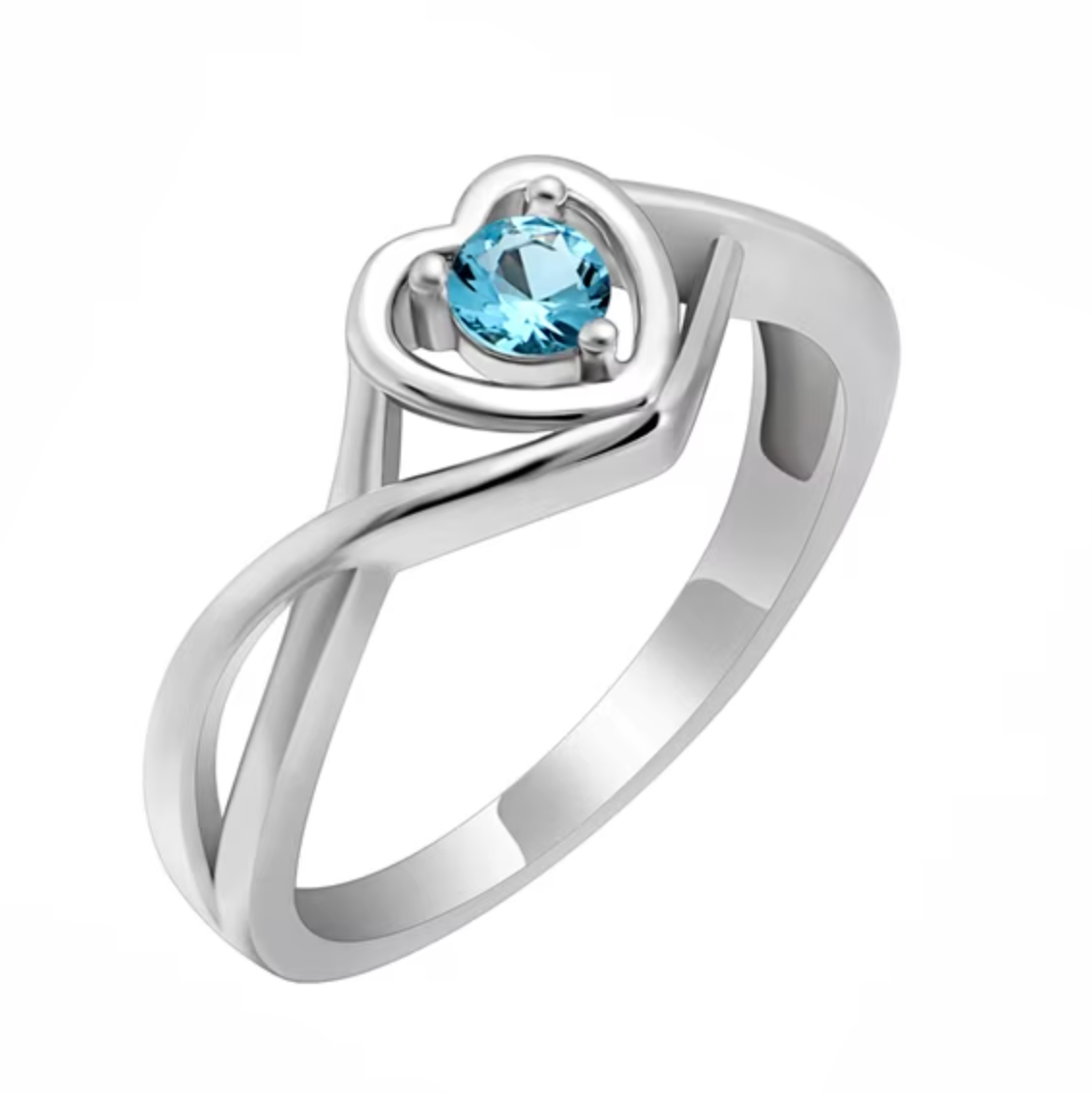 Heart-Shaped Cubic Zirconia Ring with Light Blue Stone and Three-Prong Setting