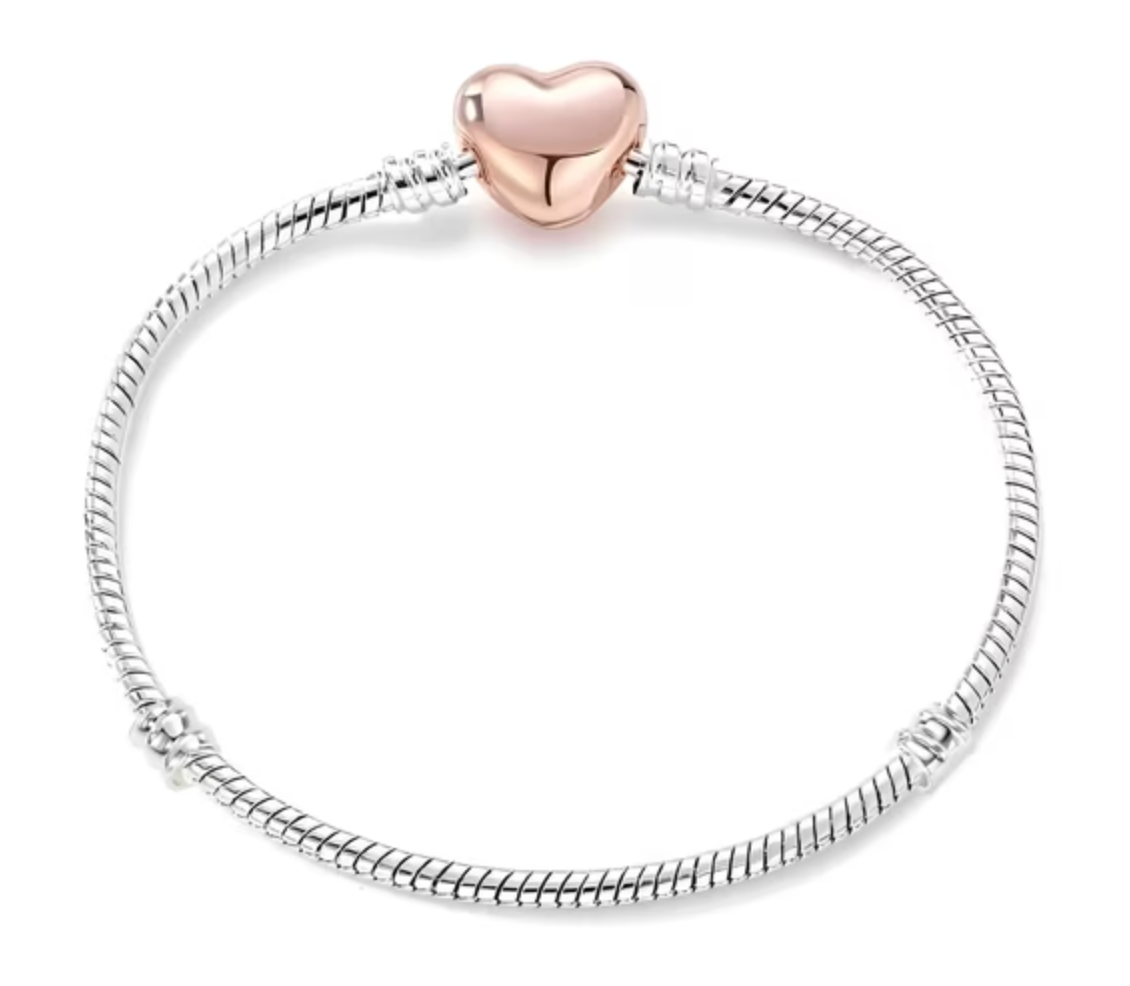 Silver Chain Charm Bracelet with Rose Gold Heart Clasp, 7.48 Inch