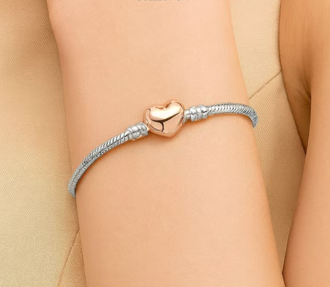 Silver Chain Charm Bracelet with Rose Gold Heart Clasp, 7.48 Inch