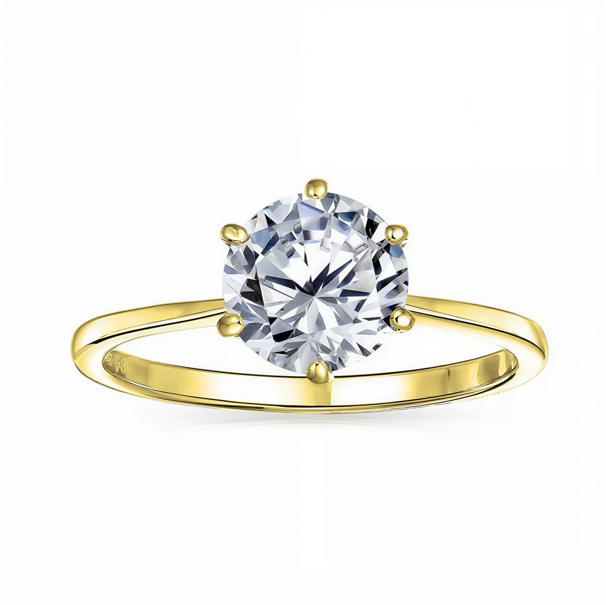 Round Cubic Zirconia Solitaire Ring with 6 Prong Setting and Gold Plated Sterling Silver Band