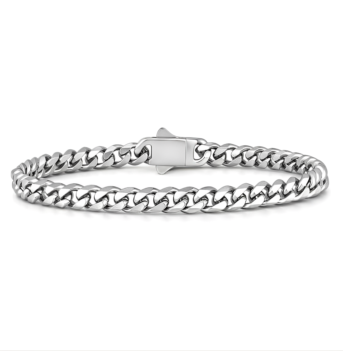 Stainless Steel Flat Link Bracelet with Polished Silver Finish, 5mm Wide 7.5in