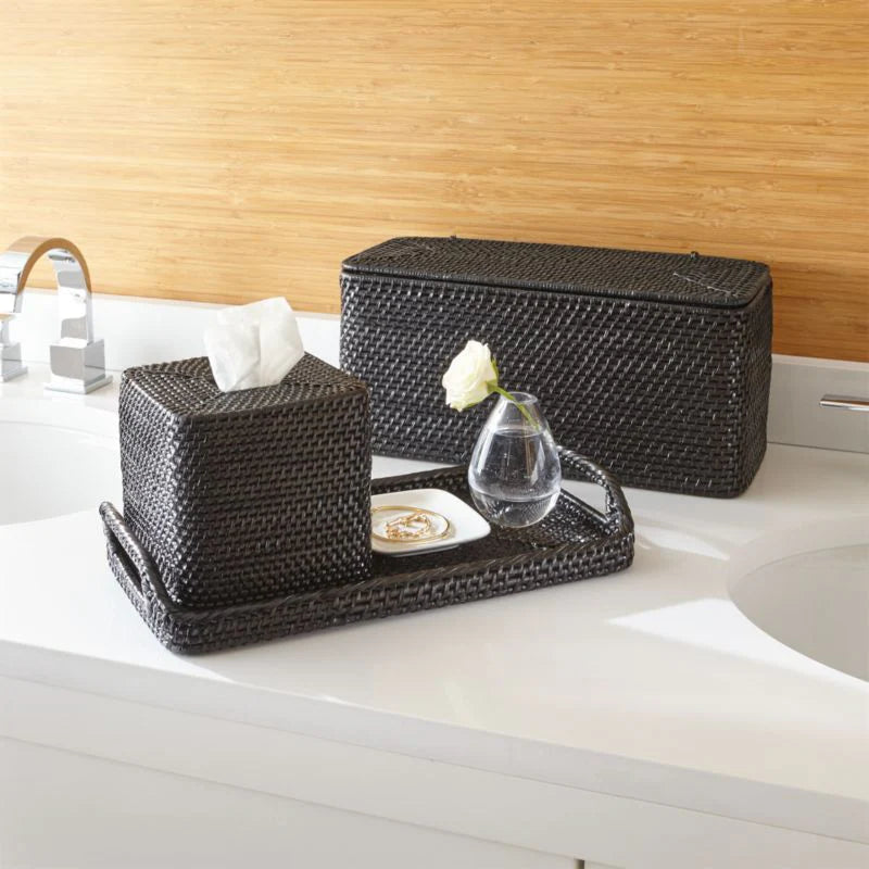 Black Lidded Rectangular Tote, Rattan Storage, Bathroom Organizer