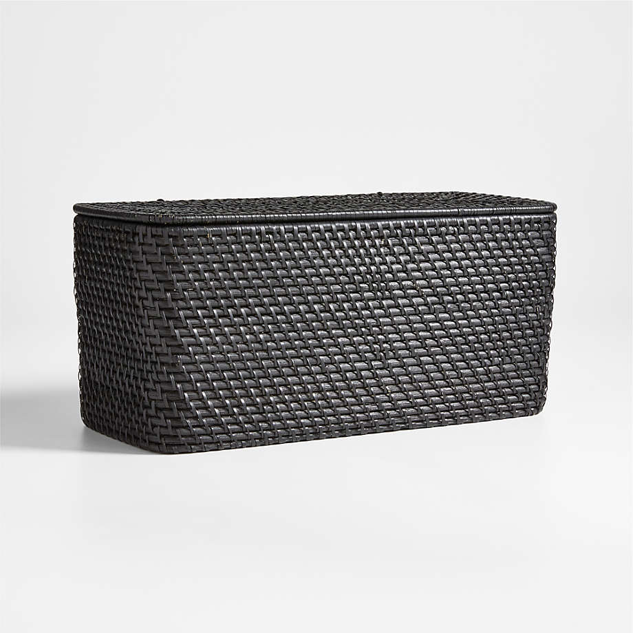 Black Lidded Rectangular Tote, Rattan Storage, Bathroom Organizer