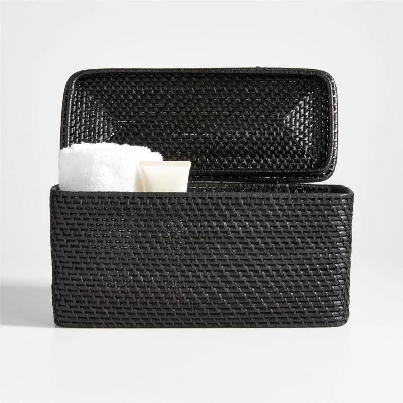 Black Lidded Rectangular Tote, Rattan Storage, Bathroom Organizer