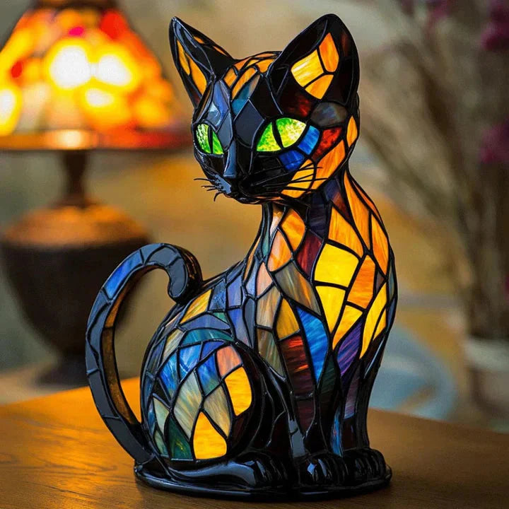 Stained Glass Cat Table Lamp, Colorful Design, Ambient Light