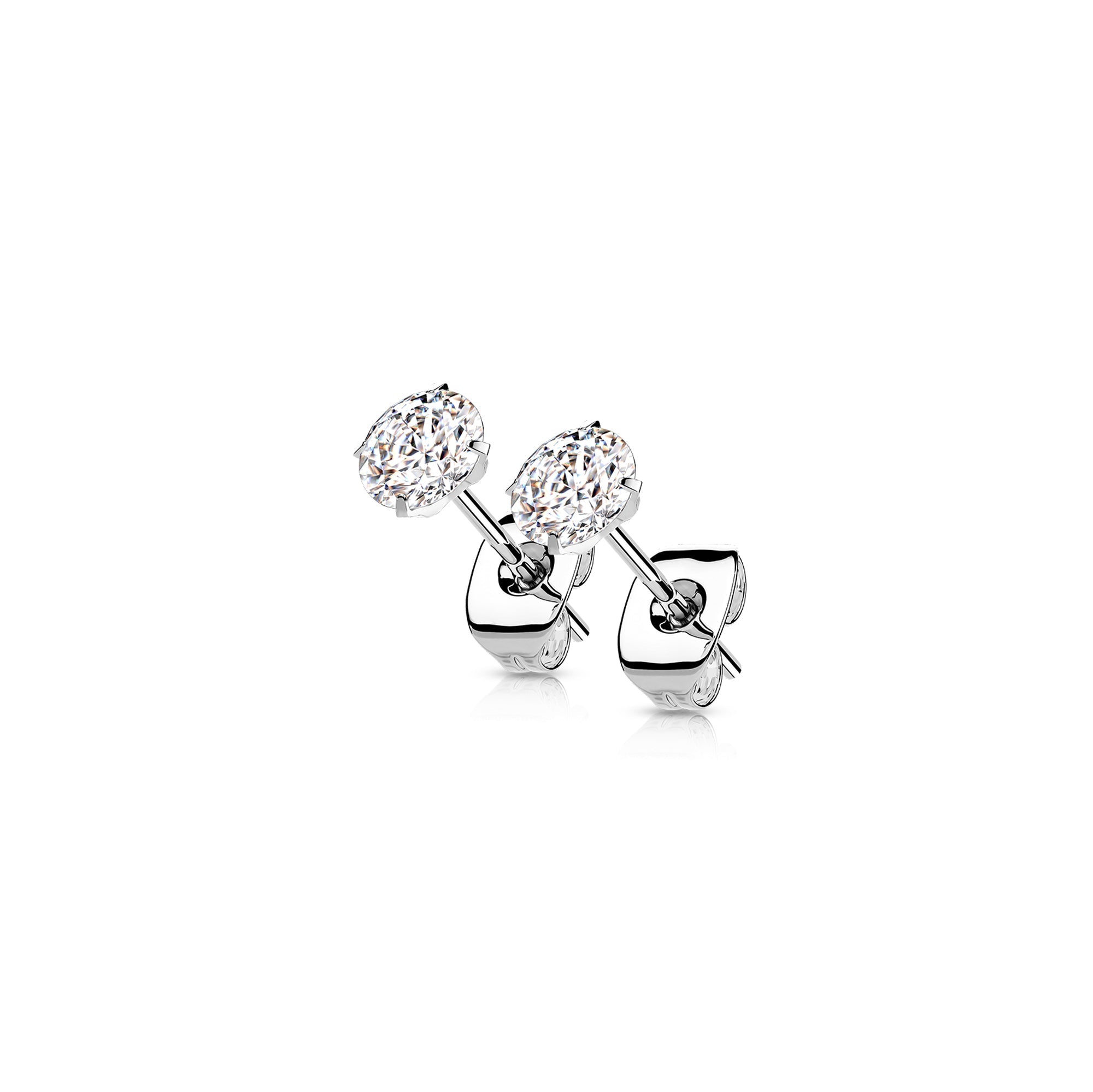 Silver titanium clear CZ prong stud earrings pair on white background
