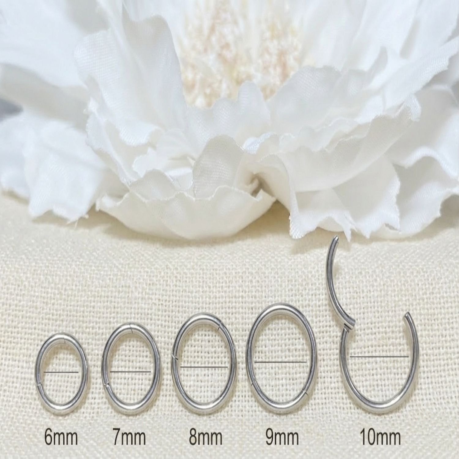 Silver hinged hoop size comparison 6mm to 10mm