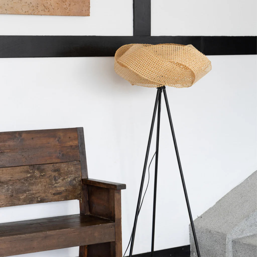 Bamboo Floor Lamp, Curved Stand with Linen Shade, Living Room Lighting