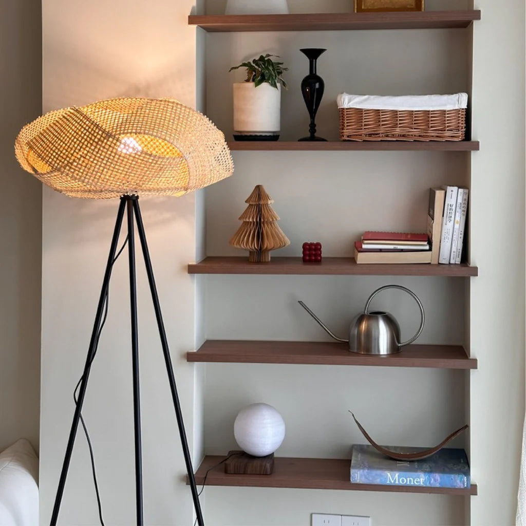 Bamboo Floor Lamp, Curved Stand with Linen Shade, Living Room Lighting