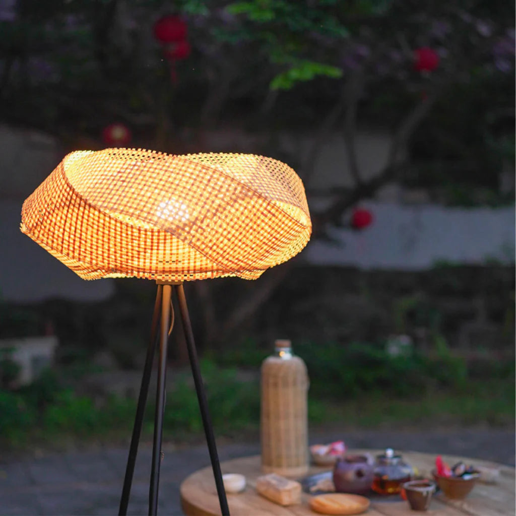 Bamboo Floor Lamp, Curved Stand with Linen Shade, Living Room Lighting