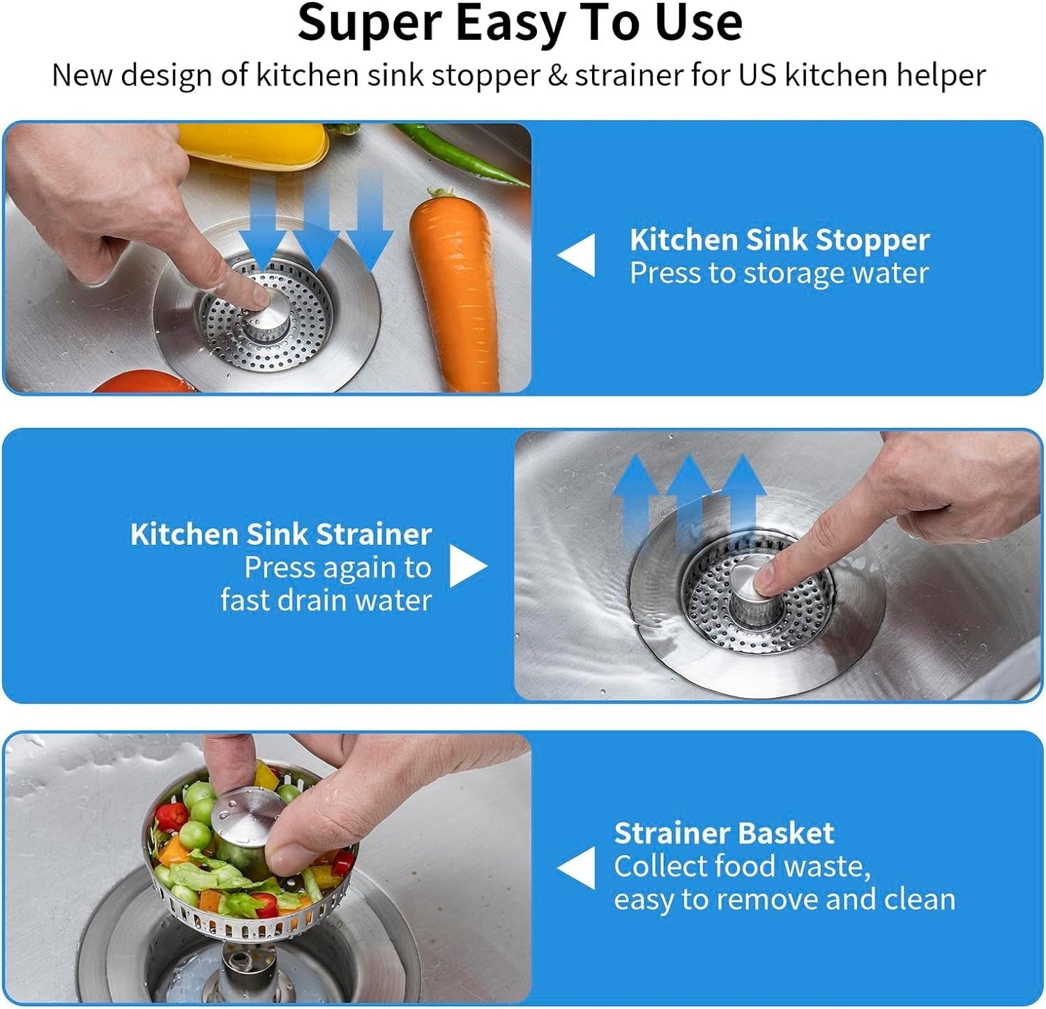 Pop-Up Sink Drain Strainer with Stainless Steel Basket and Brass Spring